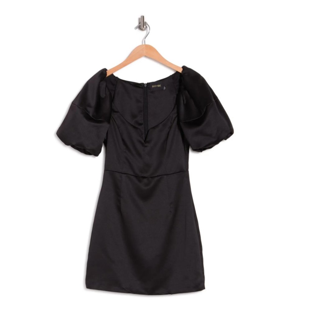 Puff Sleeve Notch Neck Satin Mini Dress